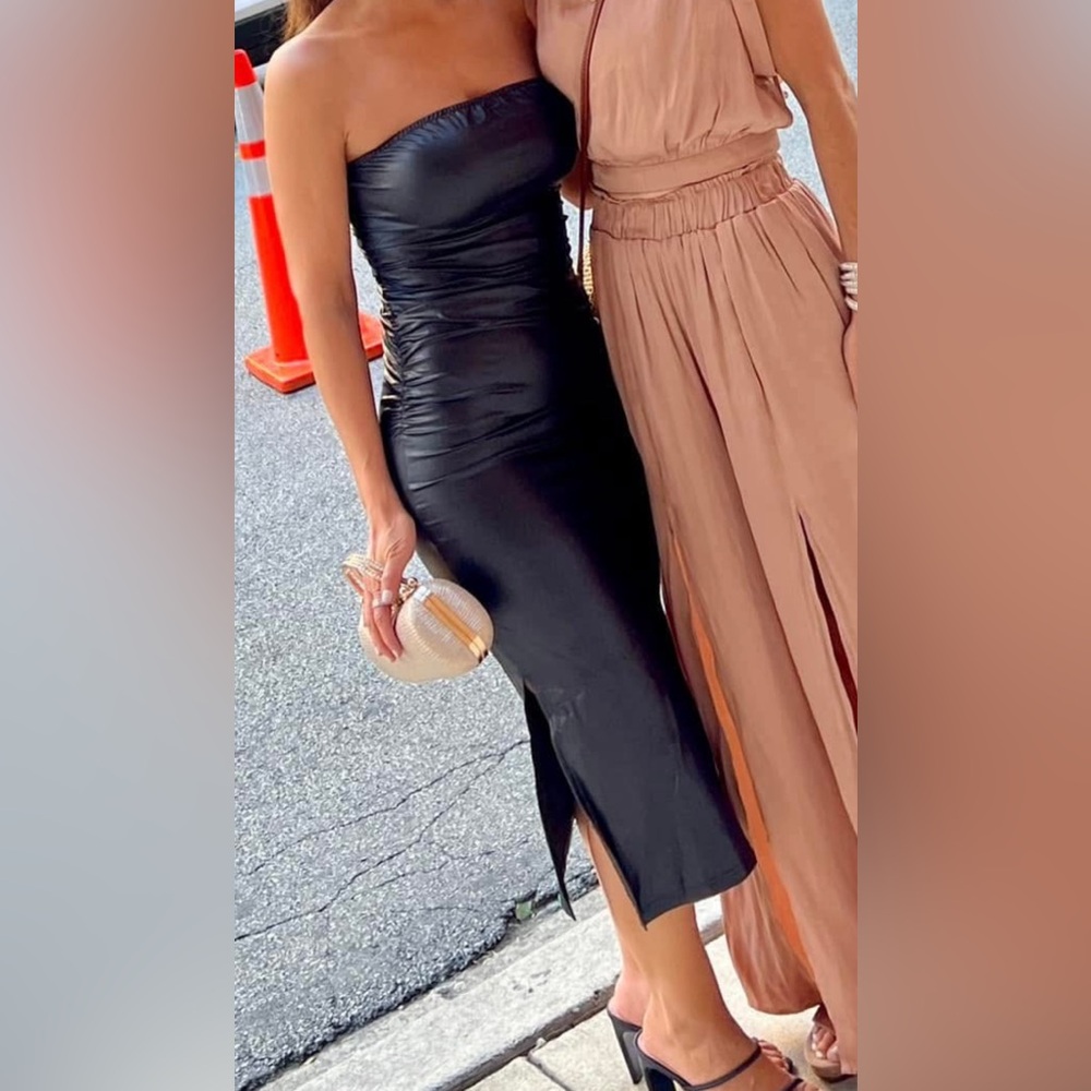 Sexy Faux Leather Stretchy Black Strapless Ruched Midi Bodycon Dress
